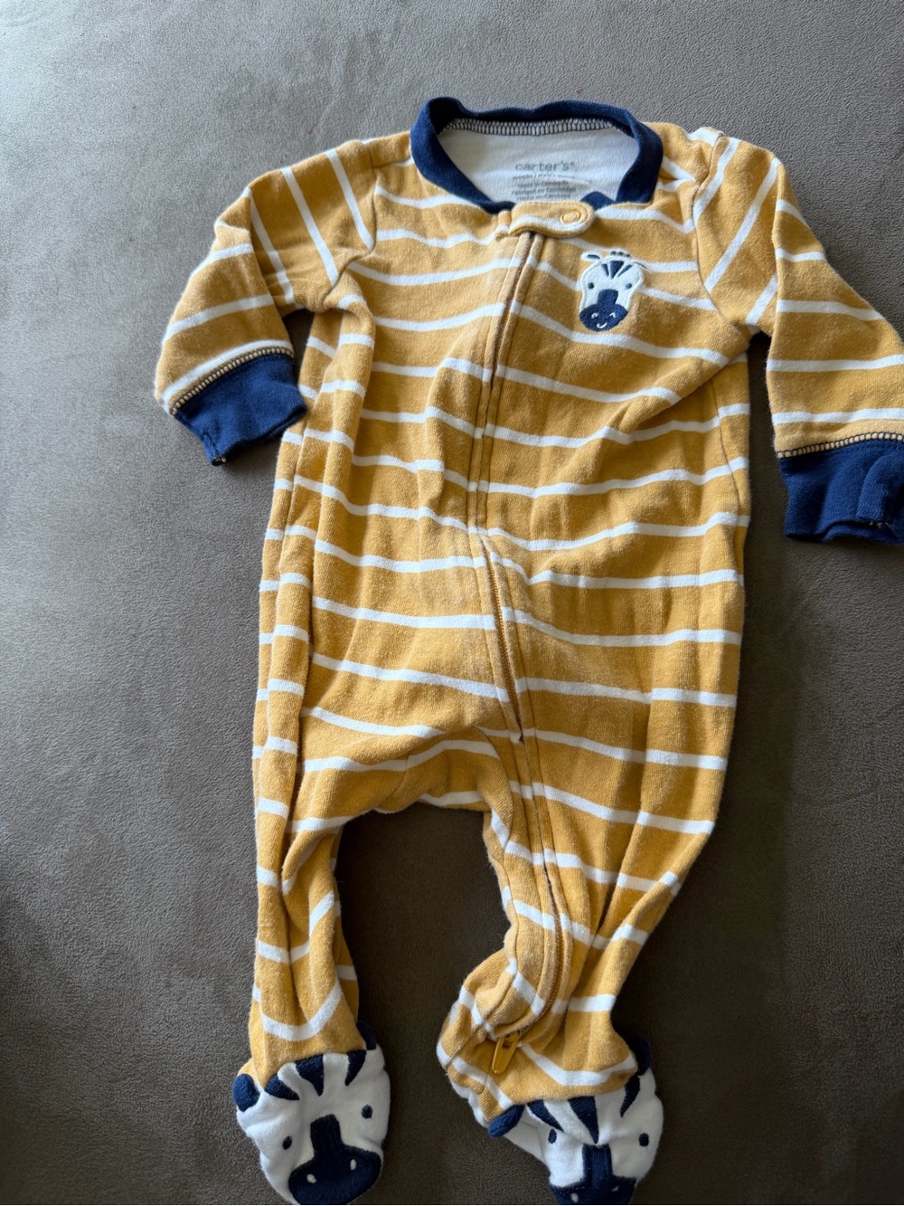 Carter's Zebra Yellow & White Striped Footed One-Piece with Navy Accents